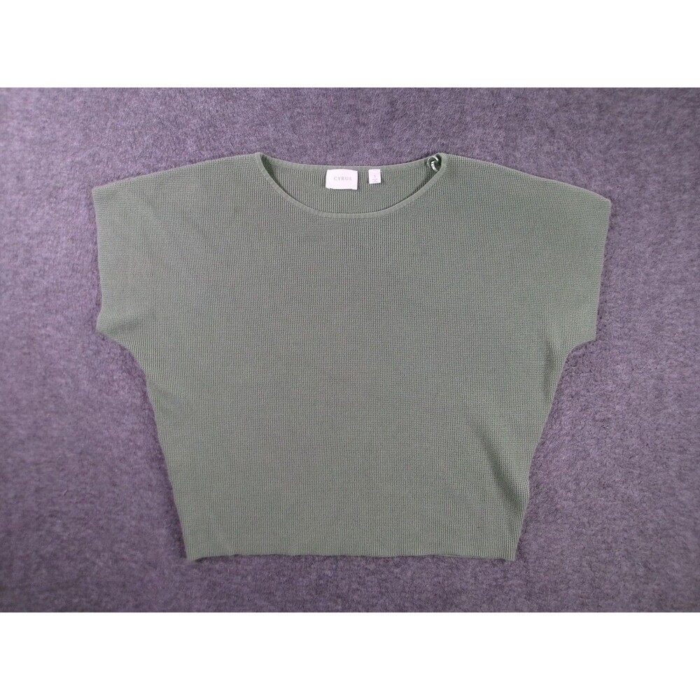 Cyrus Top Womens S Green Ribbed Knit Boxy Short Sleeve Crew Neck Sweater Relaxed